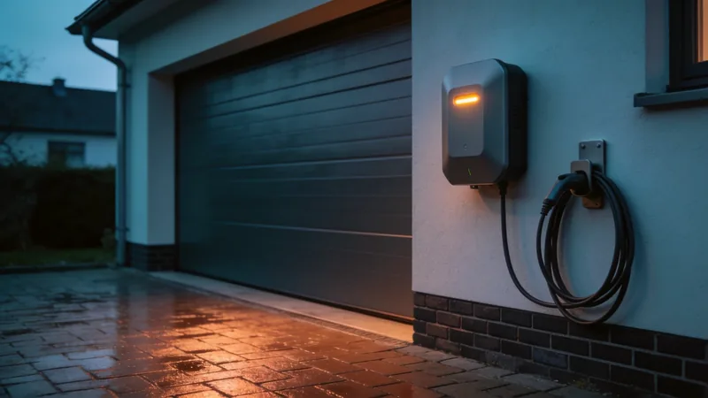 Wallbox an der Außenwand eines Wohnhauses neben dem Garagentor, Ladekabel aufgehängt