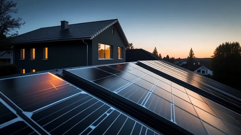 Photovoltaikmodule auf einem Satteldach in der Dämmerung