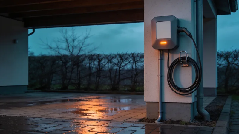 Wallbox an einem Carport-Pfosten, Ladekabel aufgehängt, nasses Pflaster im Vordergrund