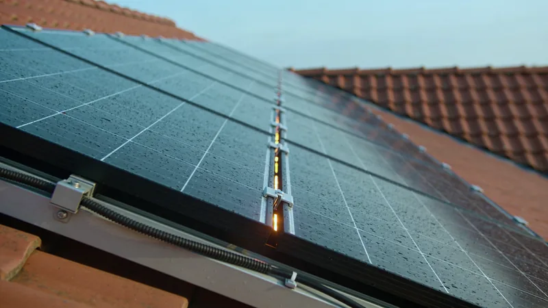 Photovoltaikmodule auf einem Ziegeldach, Regentropfen auf der Oberfläche, daneben die Montageschiene mit Wellrohr und Abzweigdose